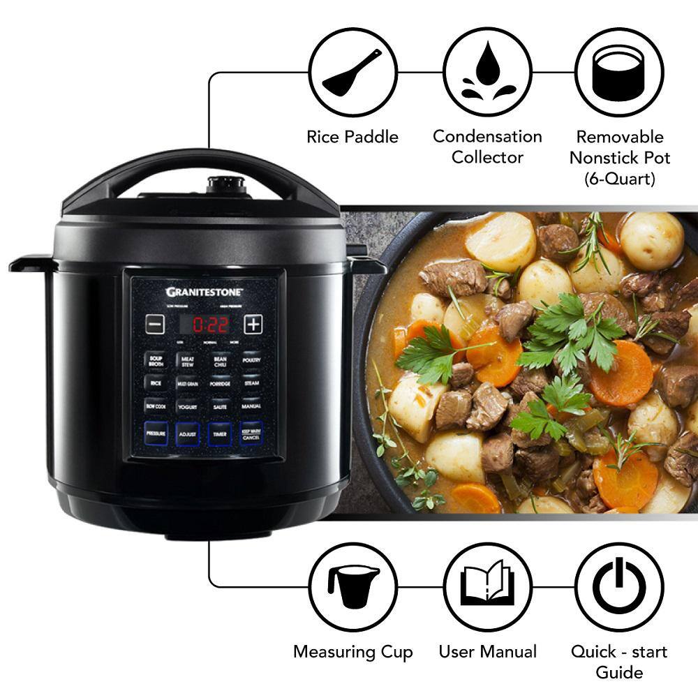 GRANITESTONE 6 Qt. Black Electric Triple Layer Titanium Coating Multi-Pressure Cooker with Built-In Timer and Pre-Settings