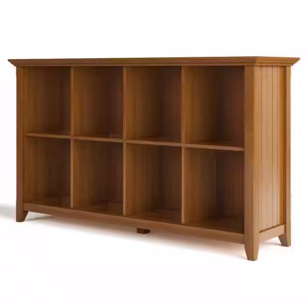 Simpli Home Acadian Solid Wood 57 in. Wide Transitional 8 Cube Storage Sofa Table in Light Golden Brown