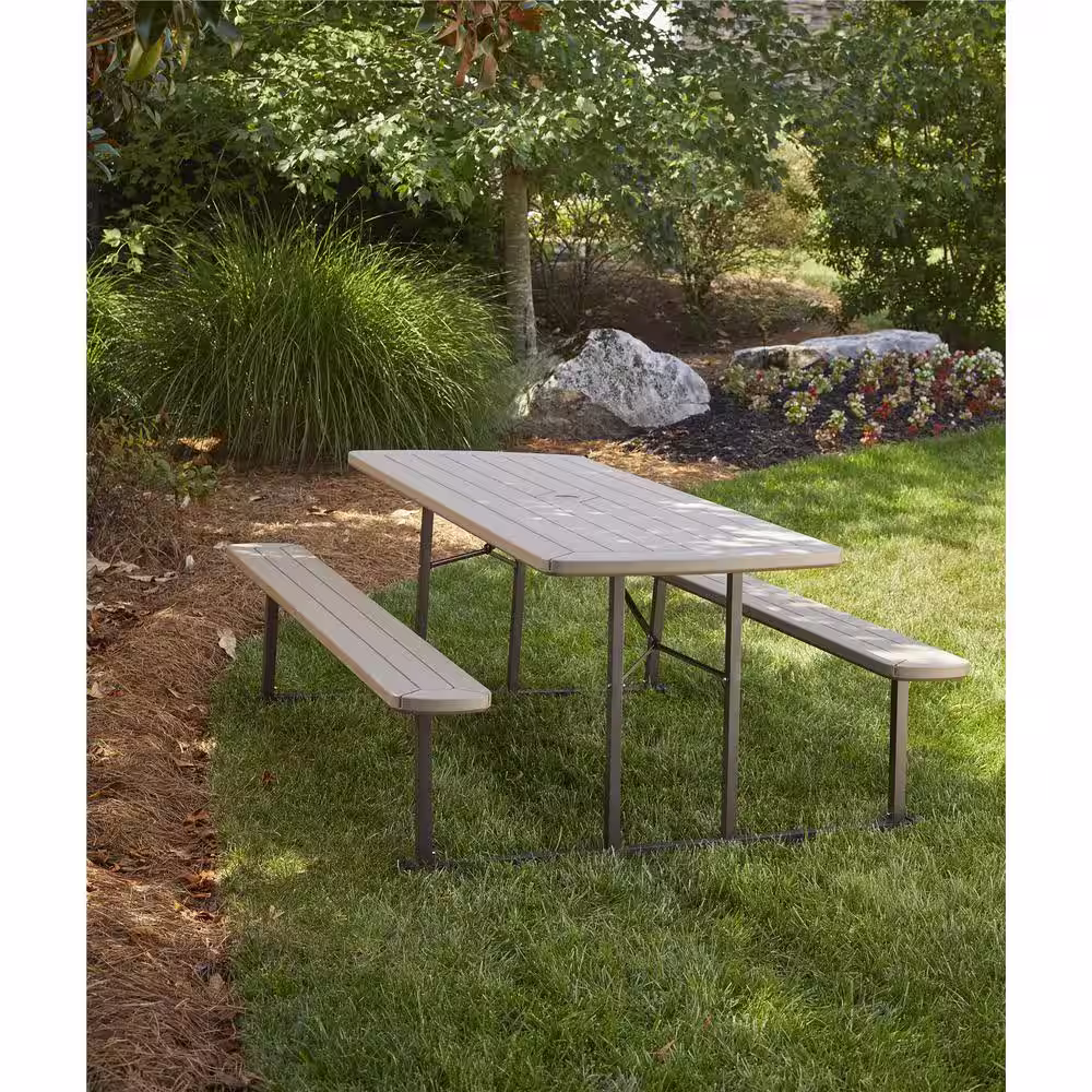 Cosco 6 ft. Folding Blow Mold Picnic Table Taupe Wood Grain with Brown Legs