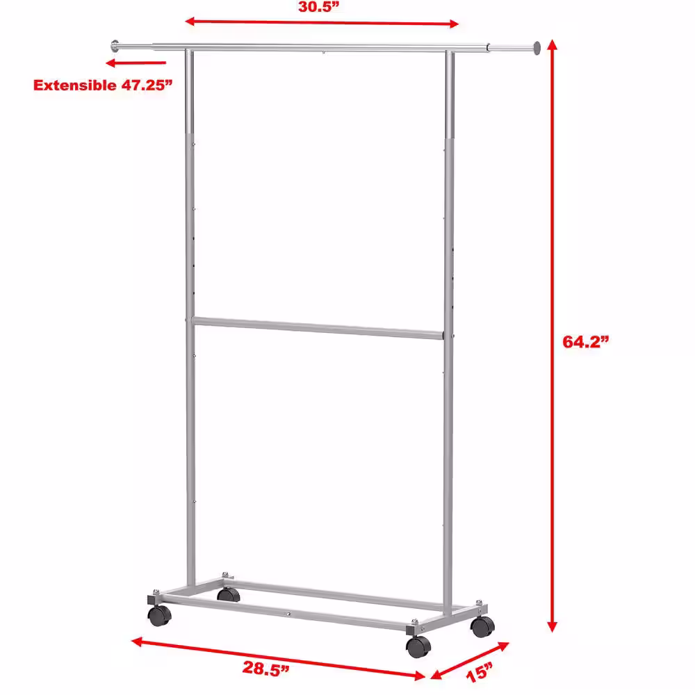 None Gray Alloy Steel Garment Clothes Rack Double Rods 30.5 in. W x 64.2 in. H