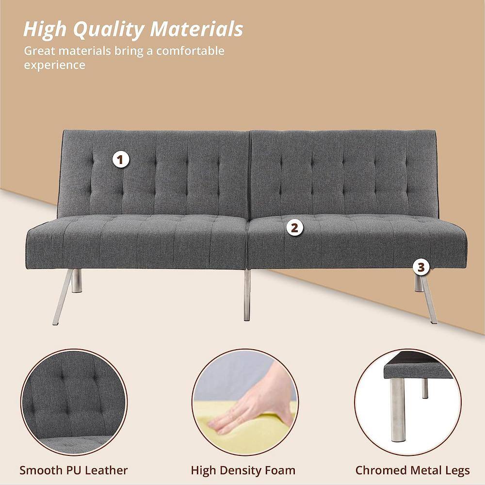 HOMESTOCK Gray, Linen Tufted Split Back Futon Sofa Bed, Linen Couch Bed, Futon Convertible Sofa Bed with Metal Legs