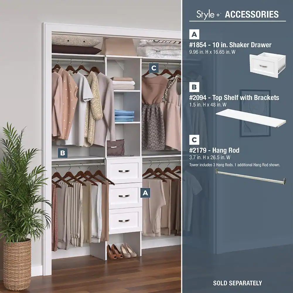 ClosetMaid Style+ 72 in. W - 113 in. W White Narrow Wood Closet System