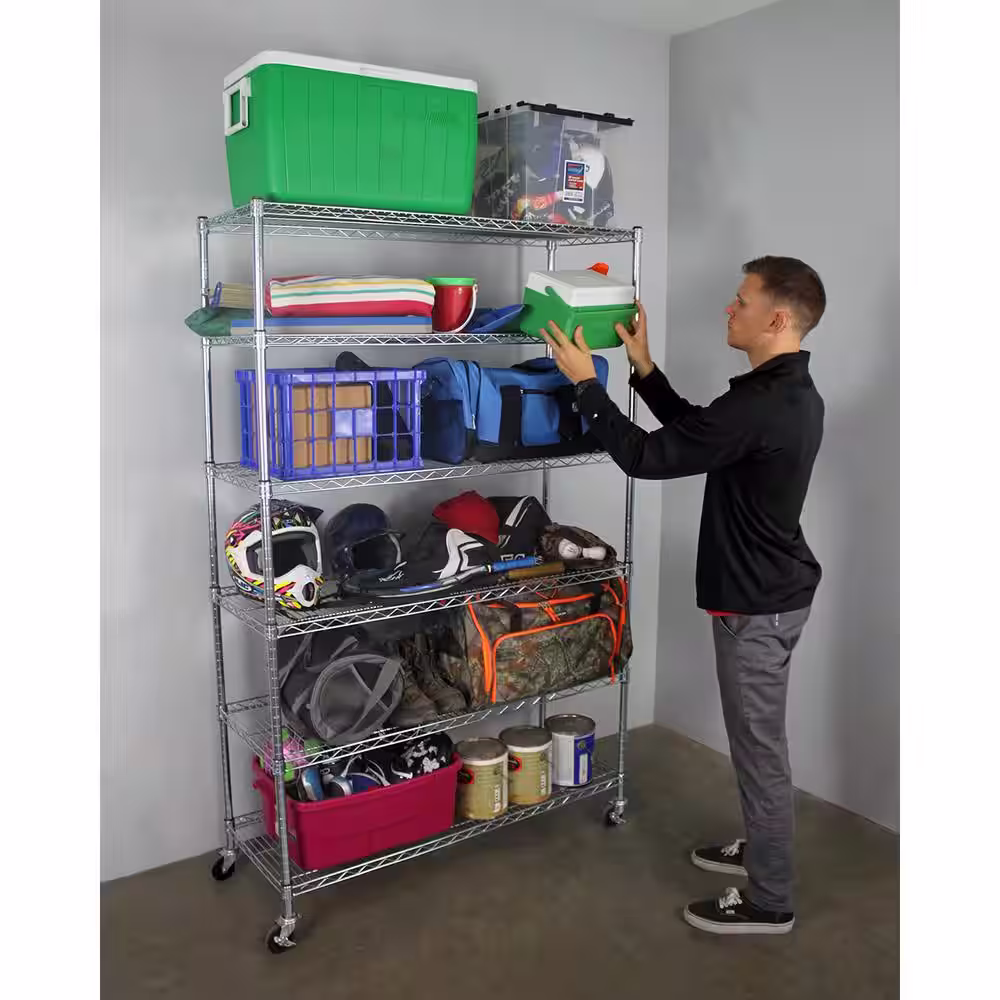 SafeRacks 72 in. H x 48 in. W x 18 in. D NSF 6-Tier Wire Chrome Shelving Rack with Wheels