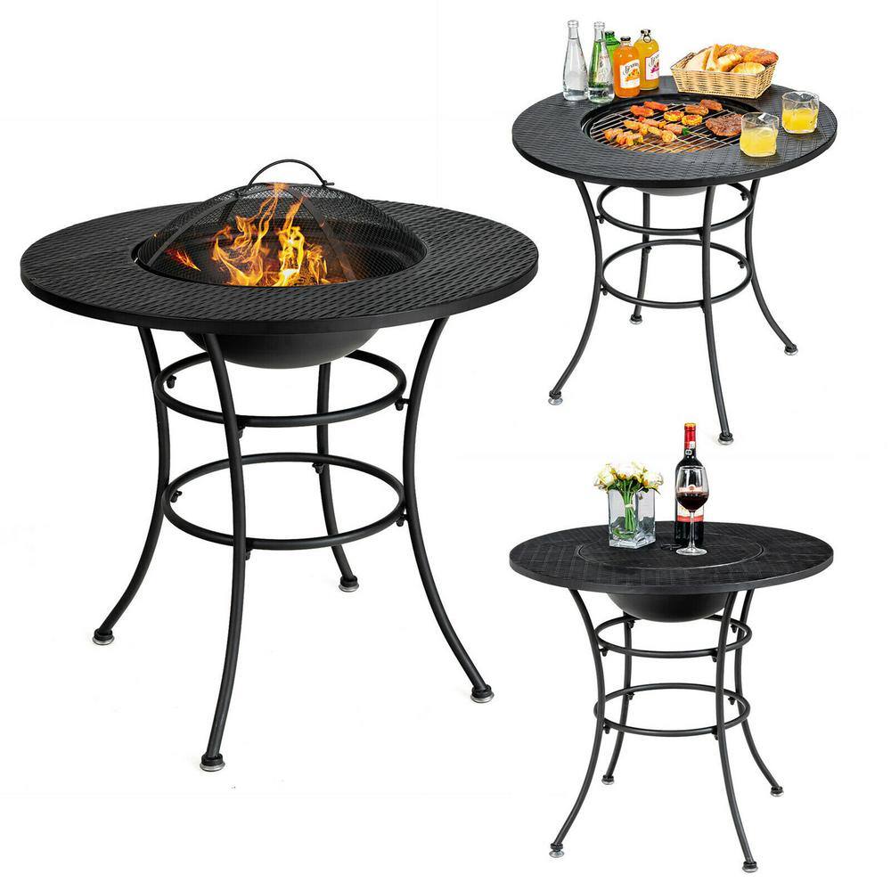 Gymax Black Patio Round Metal Fire Pit Dining Table Charcoal Wood Burning Cooking BBQ Grate