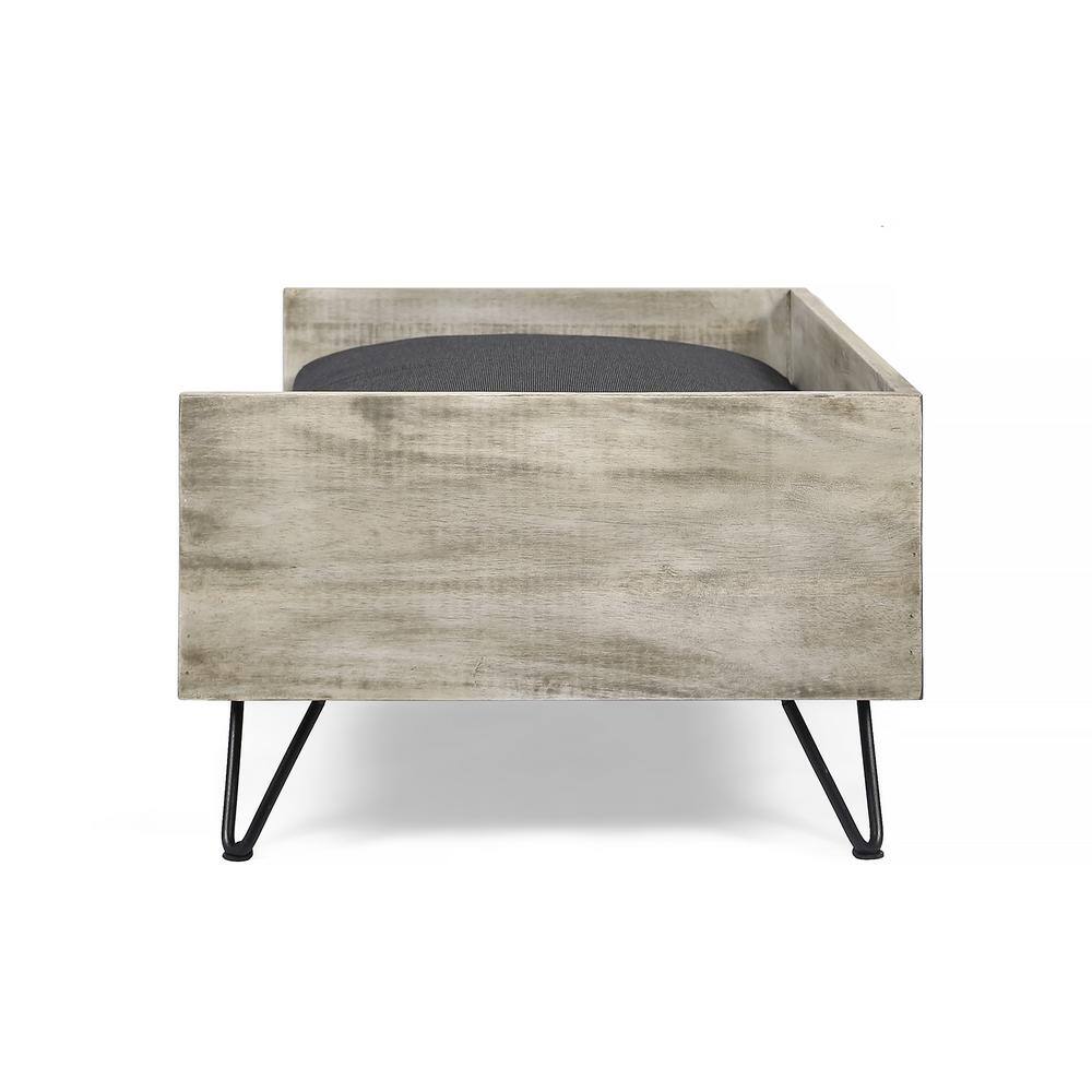 Noble House Bonneville Medium Light Grey Wash Wood Bed with Grey Cushions