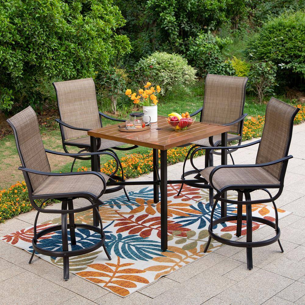 None Black 5-Piece Metal Outdoor Bar Height Dining Set With Straight-Leg Square Table and Textilene Swivel Bar Stools