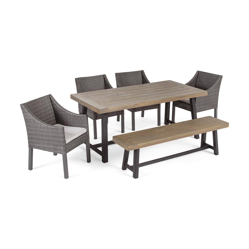 Noble House Calero Sandblast Grey 6-Piece Wood and Grey Faux Rattan Outdoor Dining Set with Silver Cushions