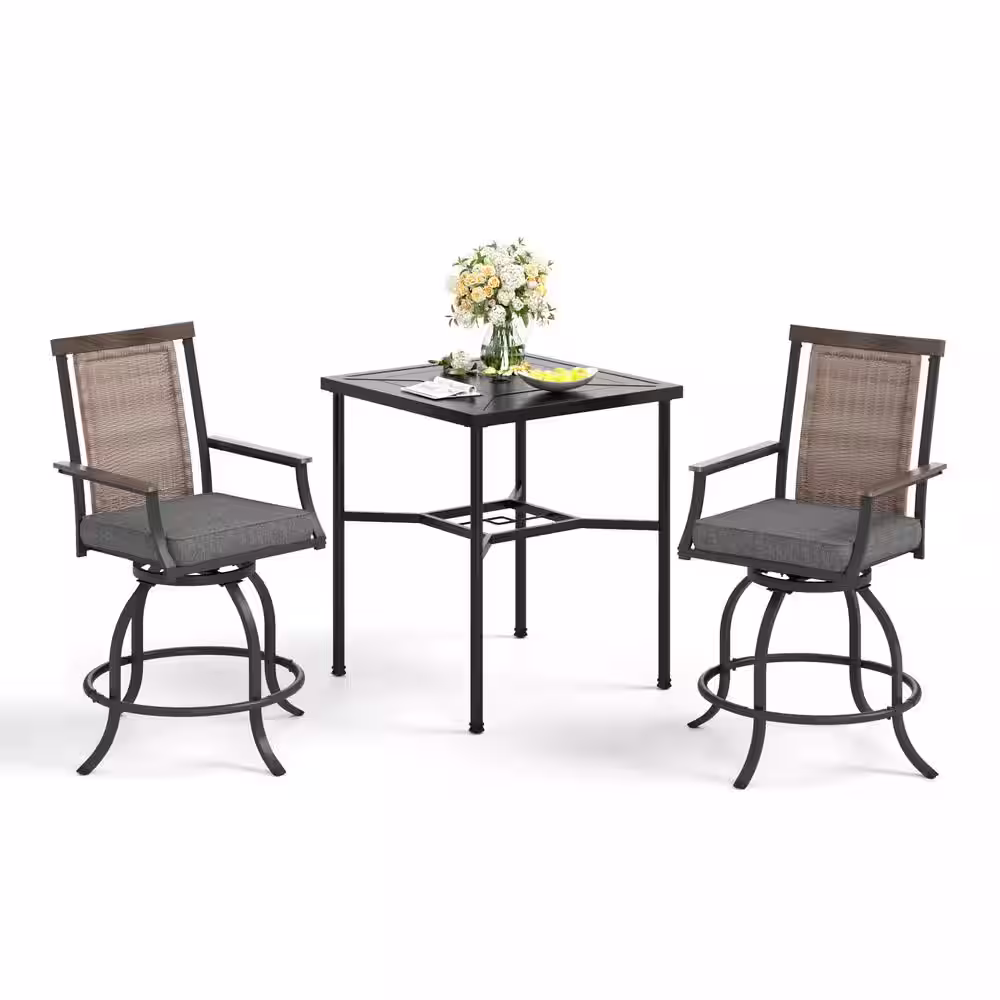 None 3-Piece Metal Bar Height Outdoor Bistro Set with Square Table and Rattan Bistro Chairs with Gray Cushion