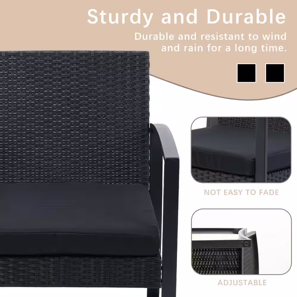 None 3-Piece Wicker Patio Conversation Set Coffee Table and 2 Rattan Chair with Black Cushions