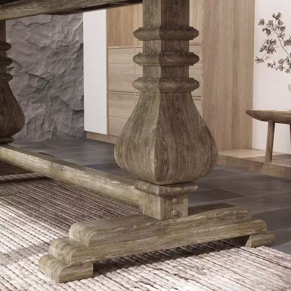 None 69.7 in. W Gray Oak Wood Double Pedestal Dining Set With Bench