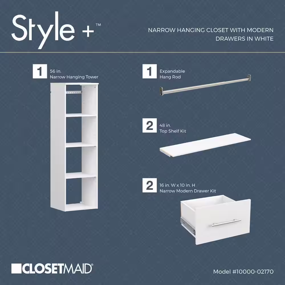 ClosetMaid Style+ 46.97 in. W - 112.97 in. W White Hanging Wood Closet System with Top Shelves and Modern Drawers