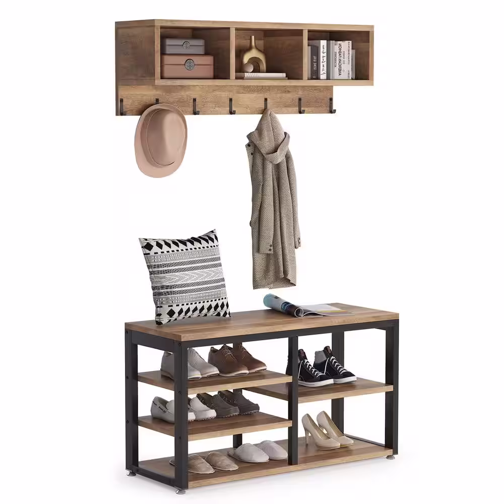None Howard Coffee Wood 32 in. Shoe Rack with Coat Hooks, Hall Tree with Shoe Bench and Shelves