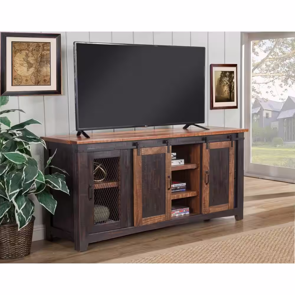 Martin Svensson Home Santa Fe Antique Black and Age Distressed Pine Metal TV Stand Fits TVs Up to 70 in. with Cable Management