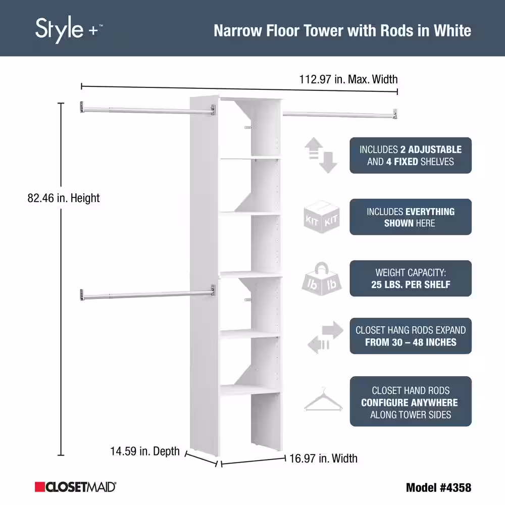 ClosetMaid Style+ 72 in. W - 113 in. W White Narrow Wood Closet System