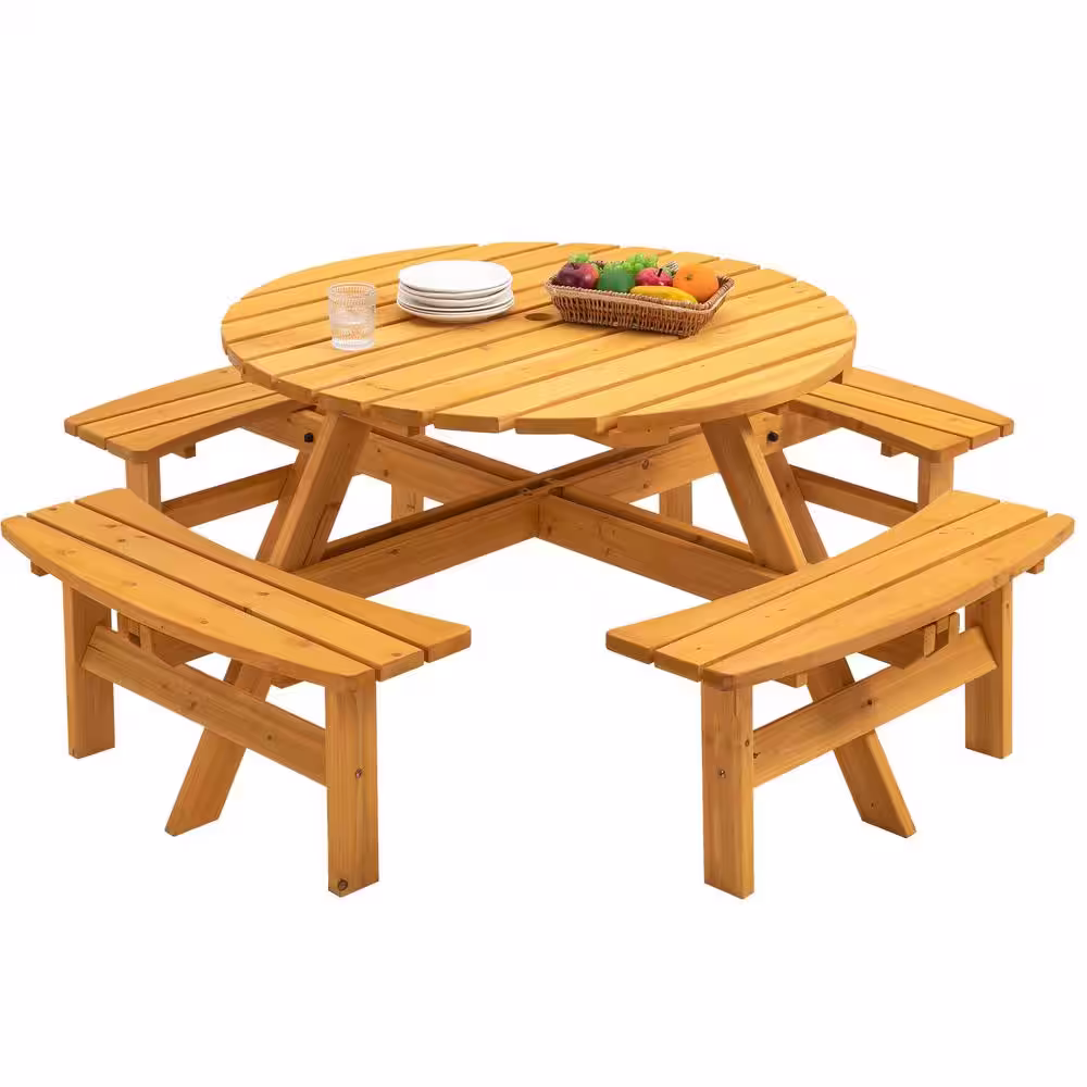 None 8-Person Circular Outdoor Wooden Picnic Table for Patio, Backyard, Garden with Umbrella Hole