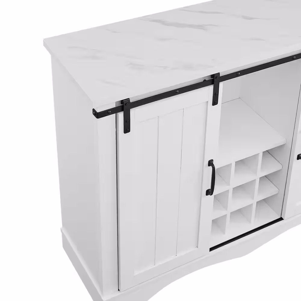 FESTIVO 47 in. White Wood Buffet Bar Cabinet with Barn Door with Marbling Pattern Countertop