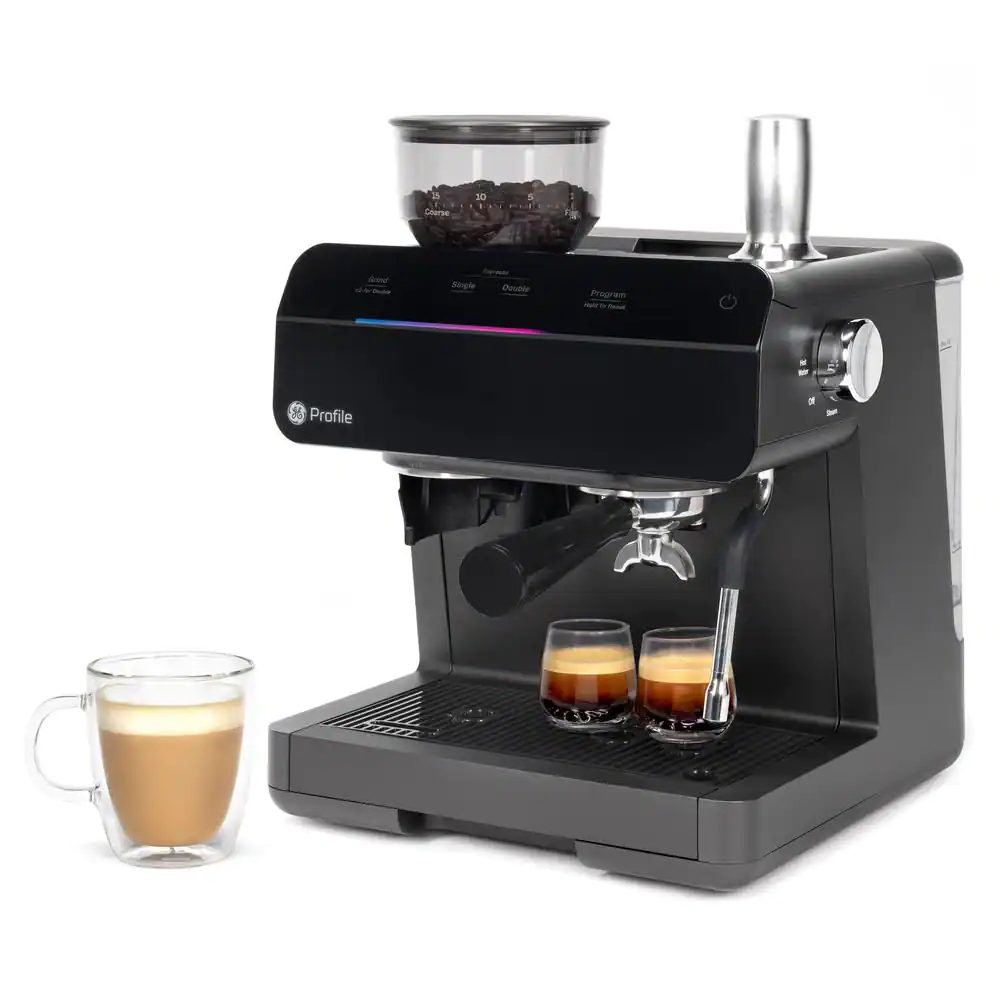 GE Profile 1- Cup Semi Automatic Espresso Machine in Black with Built-in Grinder, Frother, Frothing Pitcher, and WiFi Connected