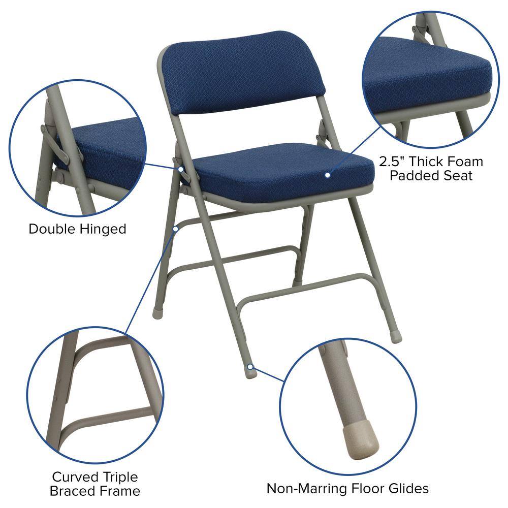 Flash Furniture Hercules Series Premium Curved Triple Braced & Double Hinged Navy Fabric Upholstered Metal Folding Chair