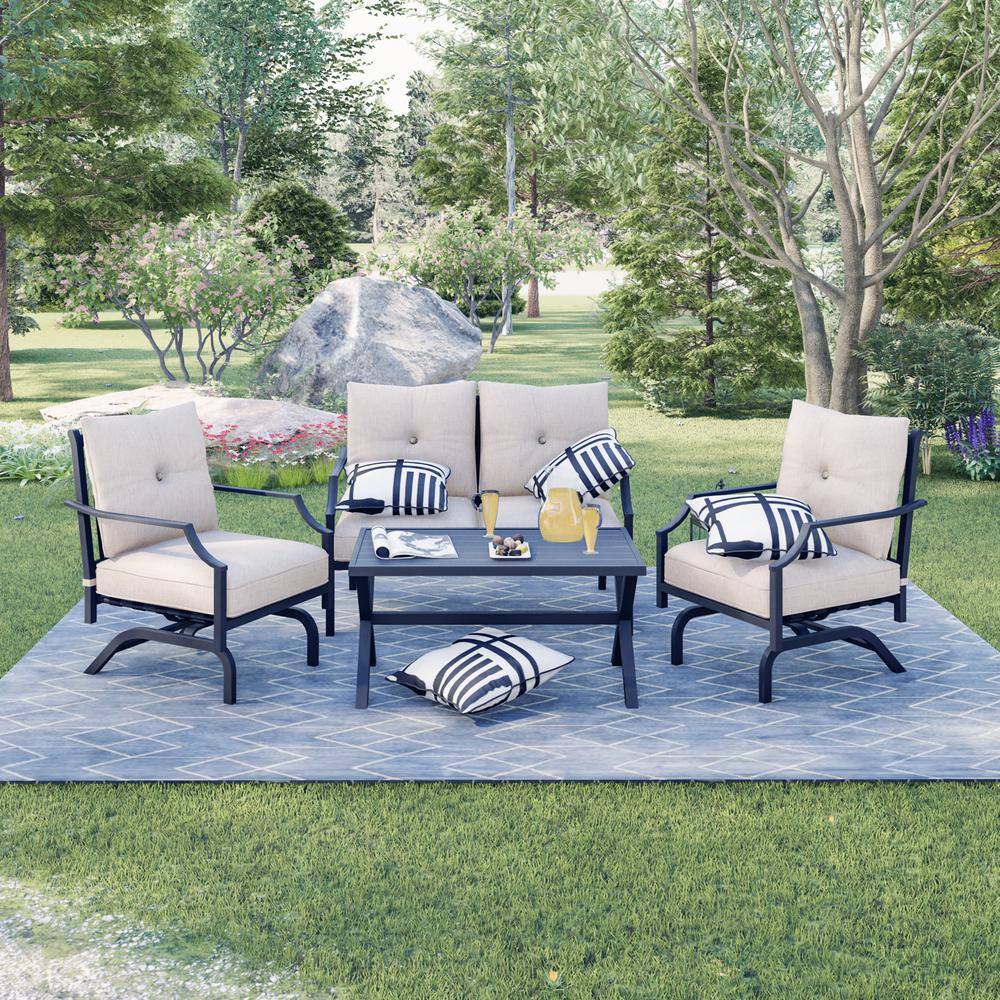 TOP HOME SPACE 4-Piece Metal Patio Conversation Set with Beige Cushions