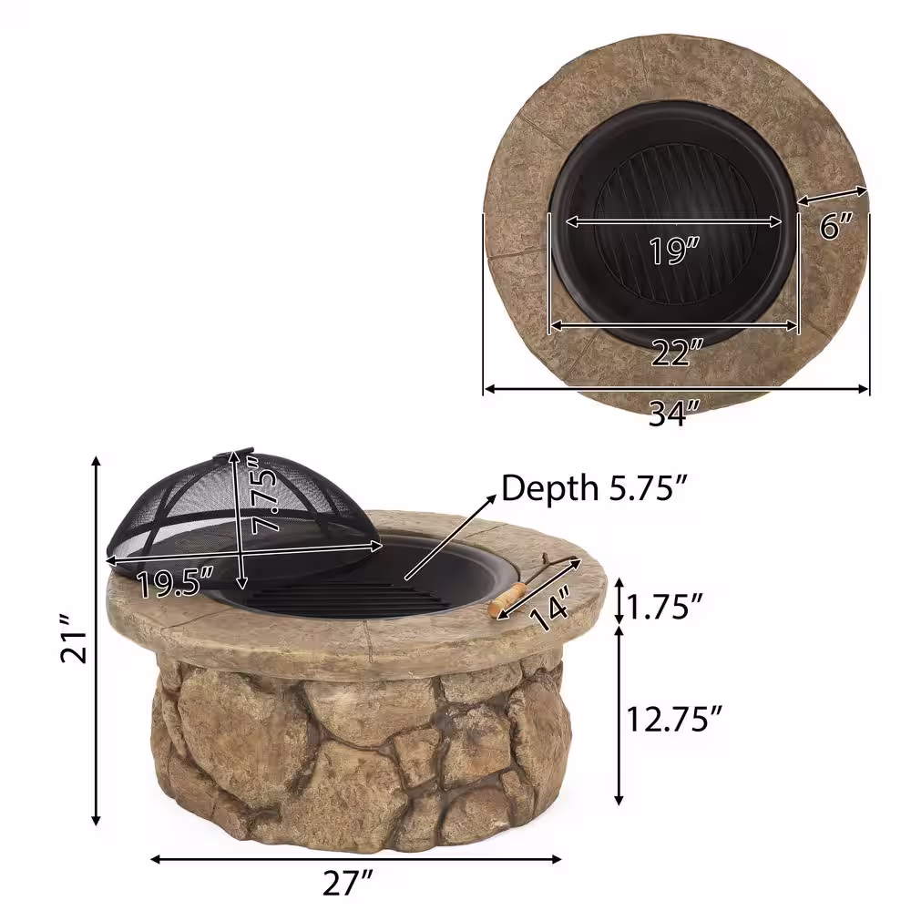 Noble House Samson 34 in. x 21 in. Round Cement Wood Burning Fire Pit in Natural