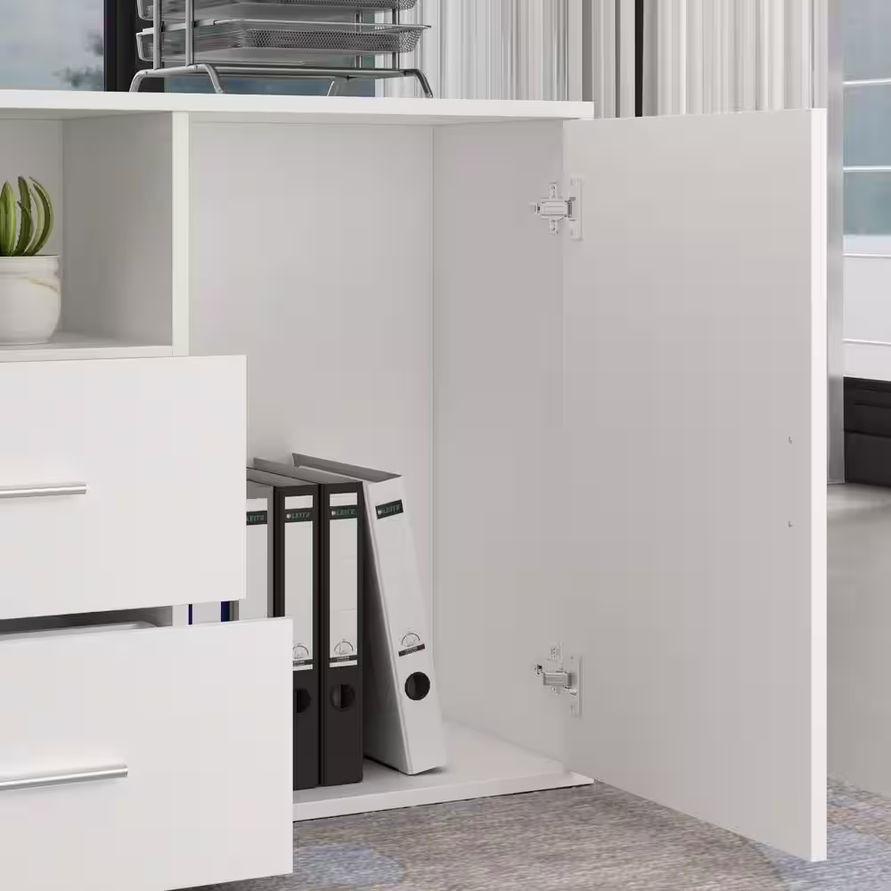 None White L-Shaped MDF Computer/Writing Desk, with 2 Drawers, Open Shelves and Cabinet, 55.1 in. W x 29.4 in.H