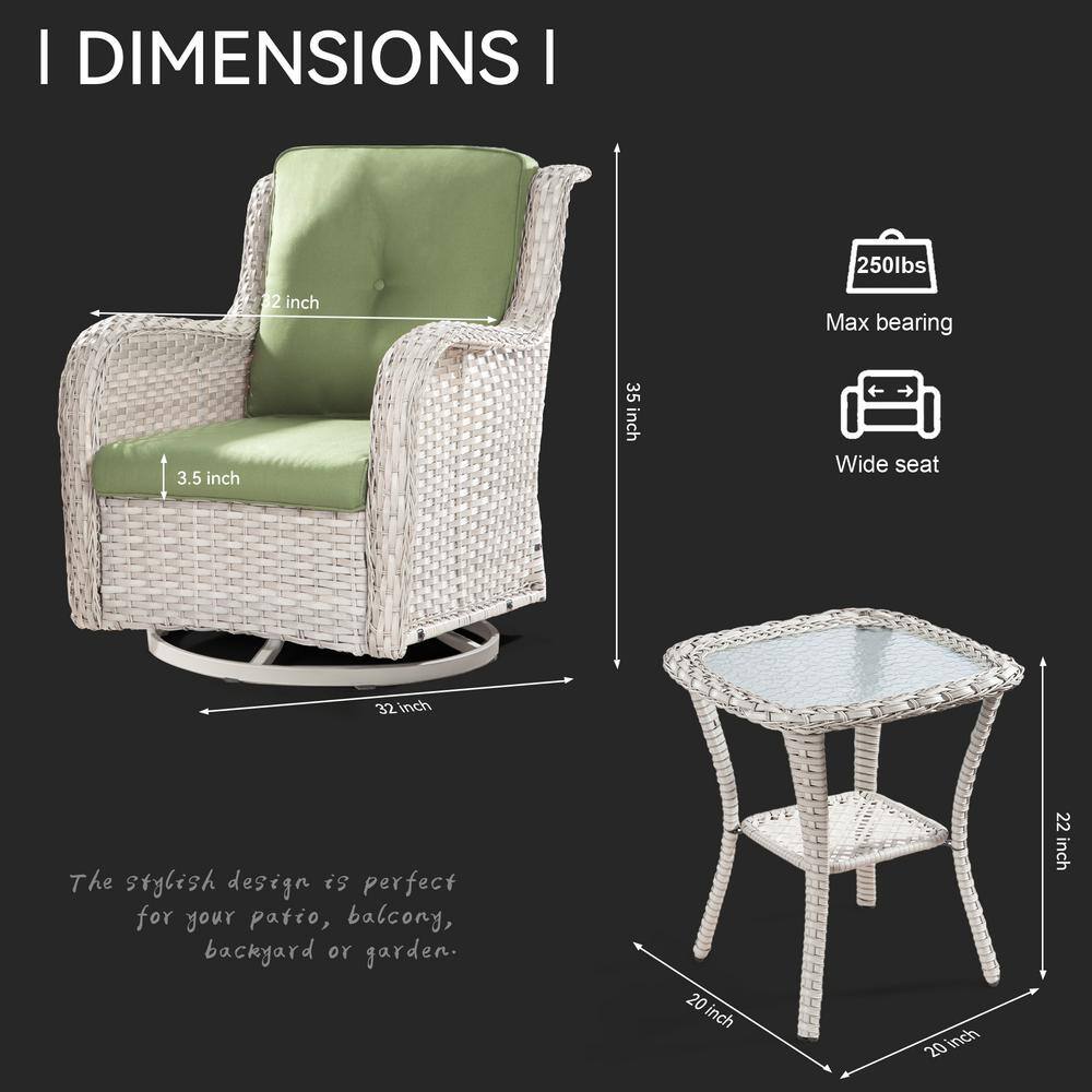 None 3-Piece Gray Wicker Patio Conversation Set Swivel Rocking Chair with Green Cushions and Table