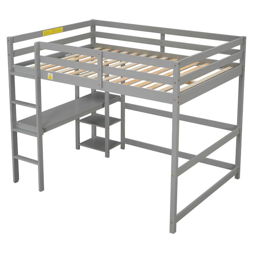 None Gray Full Wood Frame Loft Bed with Bookshelves and Desk Full Kids Loft Bed with Solid Ladder Wood Loft Bed