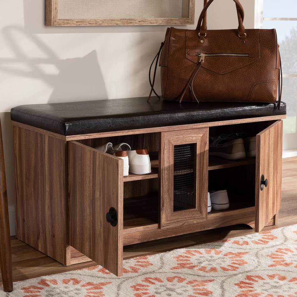Baxton Studio Valina Wood 18 in. H x 36 in. W 8-Pair Dark Brown and Oak Shoe Storage Bench with Faux Leather Seating