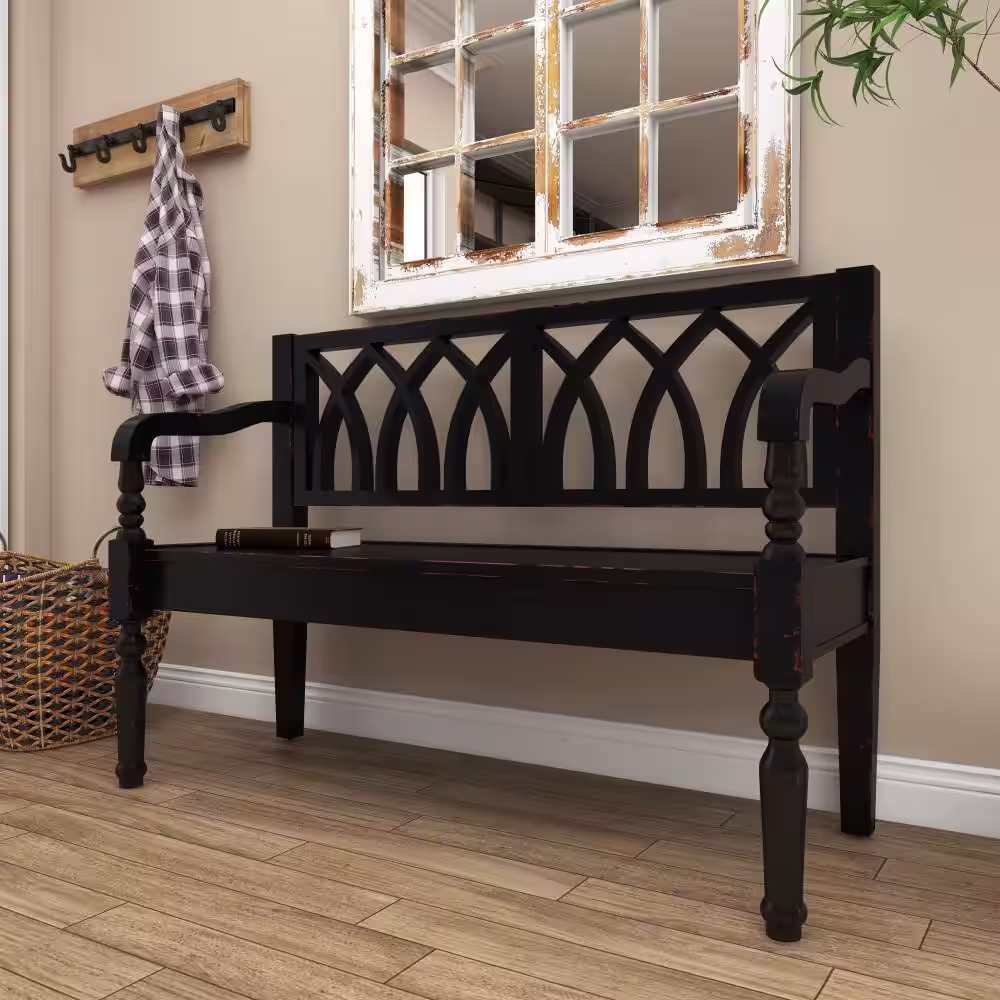 Litton Lane Black Bench with Arched Design Back 37 in. X 48 in. X 18 in.