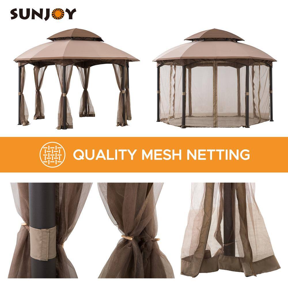 Sunjoy Bourbon 13.5 ft. x 13.5 ft. Brown Steel Gazebo with 2-Tier Tan and Brown Dome Canopy and Mosquito Netting