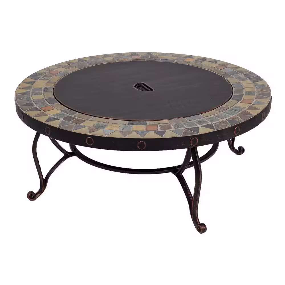 Pleasant Hearth Juniper Slate Top 34 in. W x 19.6 in. H Round Steel Wood Burning Rubbed Bronze Fire Pit