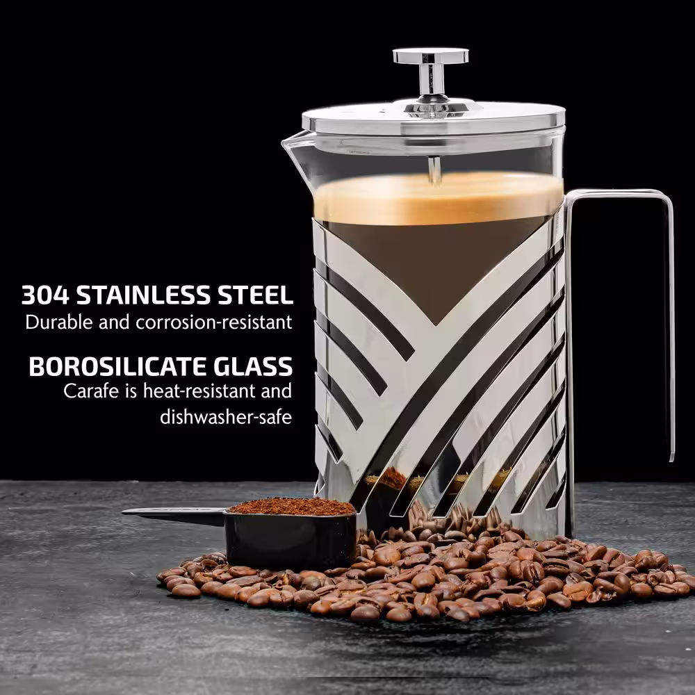 OVENTE 6-Cup Nickel Brushed French Press Cafetire Coffee and Tea Maker with High-Grade Stainless Steel, Free Measuring Scoop