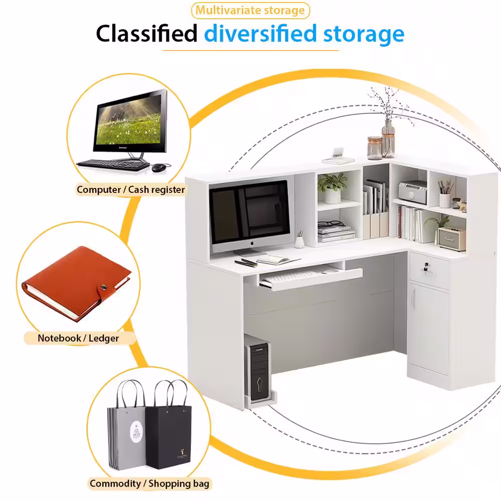 FUFU&GAGA 55.9 in. L Shaped White Wood Executive Desk Reception Desk Computer Writing Desk W/Removable Shelves, Drawer, Cabinet