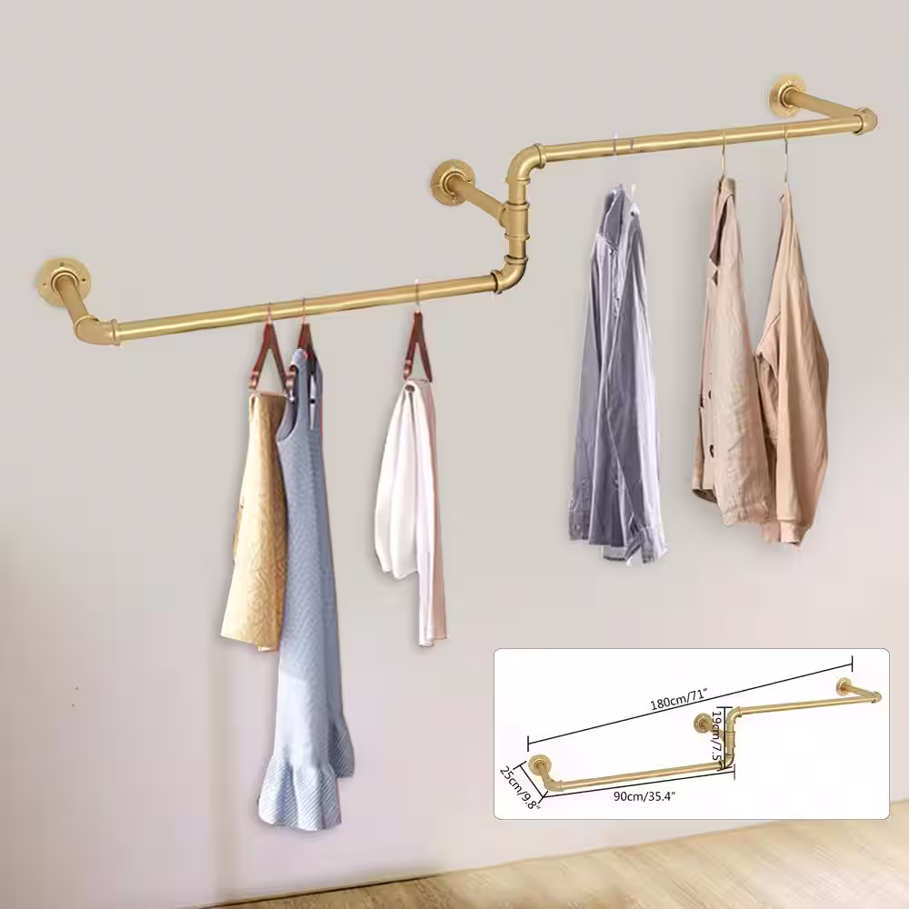 None Gold Iron Clothes Rack Hanging Rod Wall Mounted Pipe Garment Rack 71 in. W x 7.5 in. H