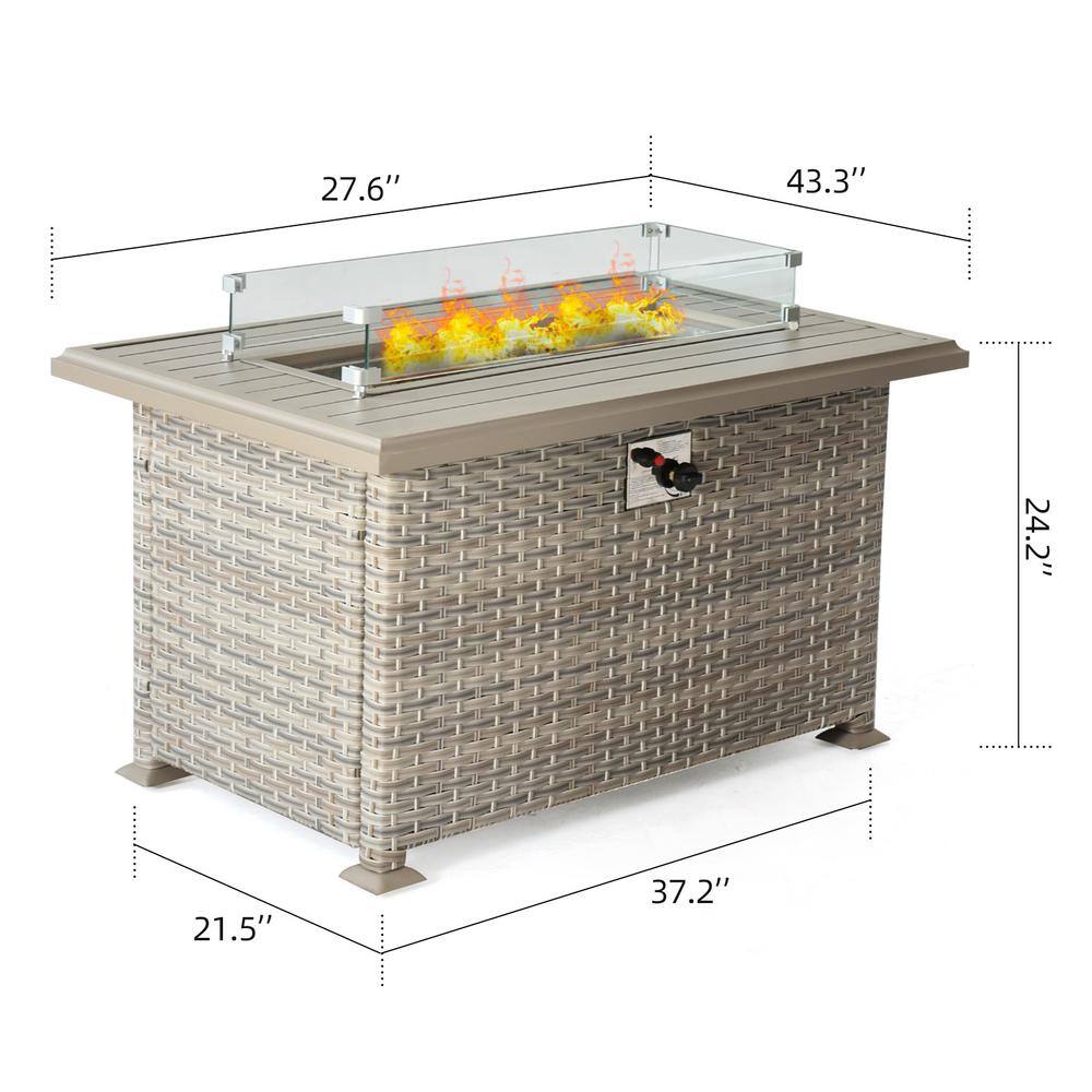 None 43.3 in. W Beige Brown Wicker Gas Fire Table Patio Propane Aluminium Rectangle Gas Fire Pit with Glass Wind Guard