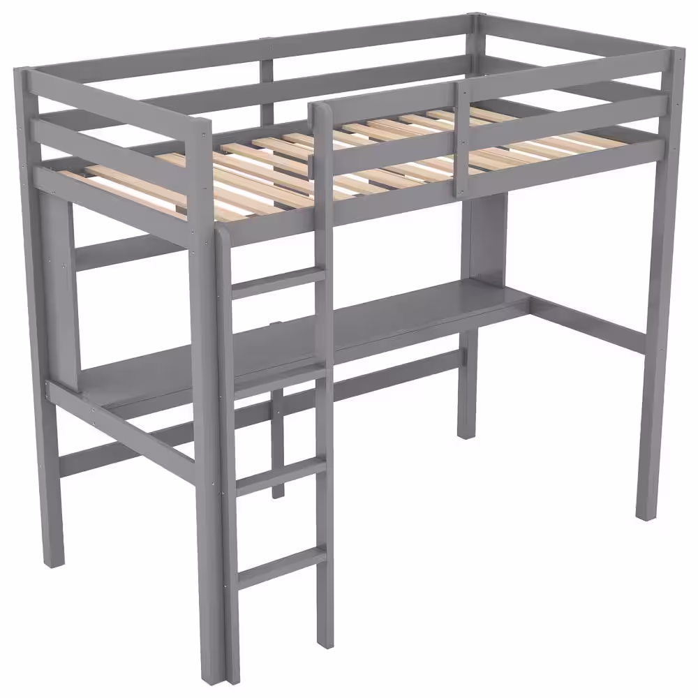 Qualler Gray Twin Size Loft Bed with Desk and Shelves