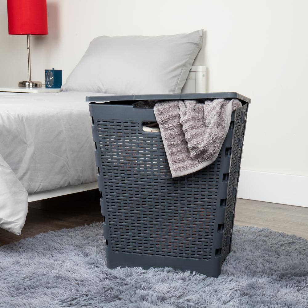 Mind Reader Basket Collection, Foldable Laundry Hamper, 61 Liter (15g/33lbs) Capacity, Cut Out Handles, Attached Hinged Lid, Gray