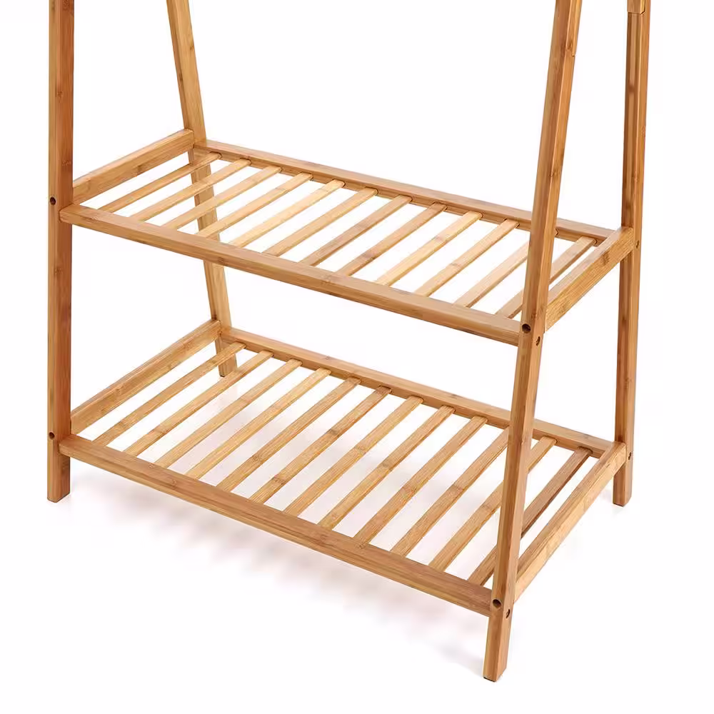 None Natural Bamboo Garment Clothes Rack with Shelves 35.4 in. W x 60.2 in. H