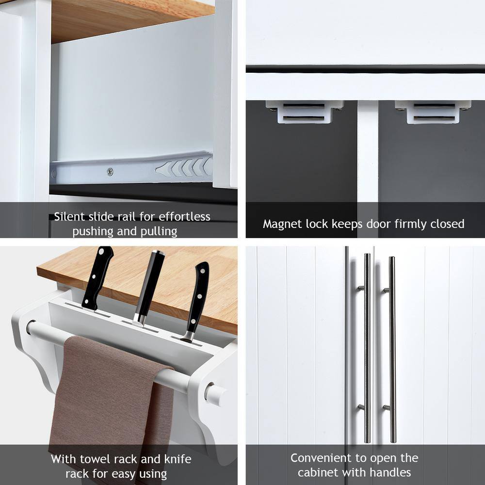 Costway 48 in. White Rolling Kitchen Island Cart with Natural Wood Top and Knife Block