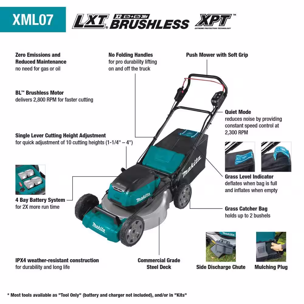 Makita 21 in. 18V X2 (36V) LXT Walk Behind Push Lawn Mower Kit with 4 Batteries (5.0 Ah) with bonus 18V X2 (36V) LXT Blower