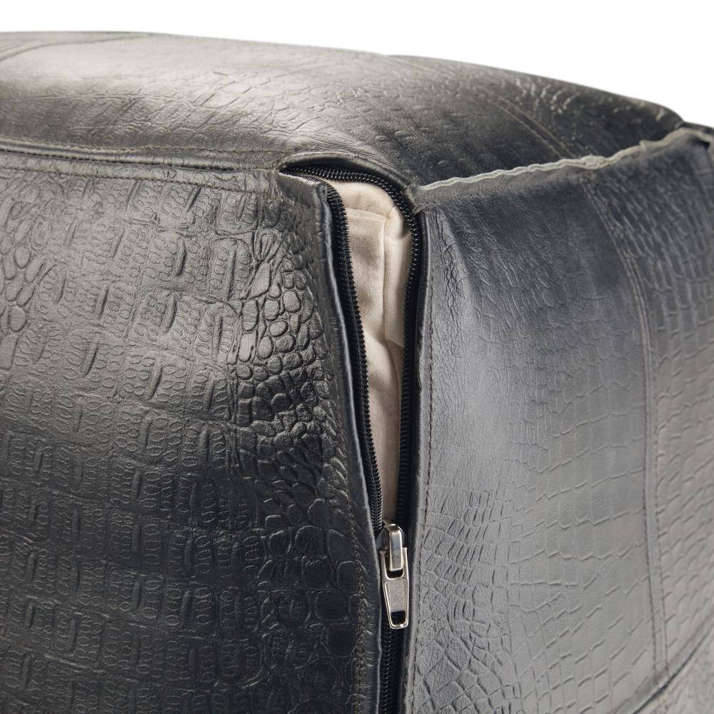 Simpli Home Bowen Boho Square Pouf in Black Genuine Leather