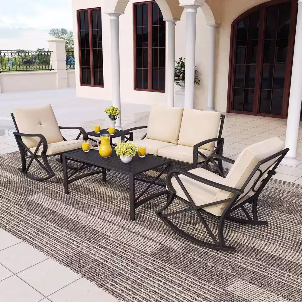 TOP HOME SPACE 5-Piece Metal Patio Conversation Set with Khaki Cushions