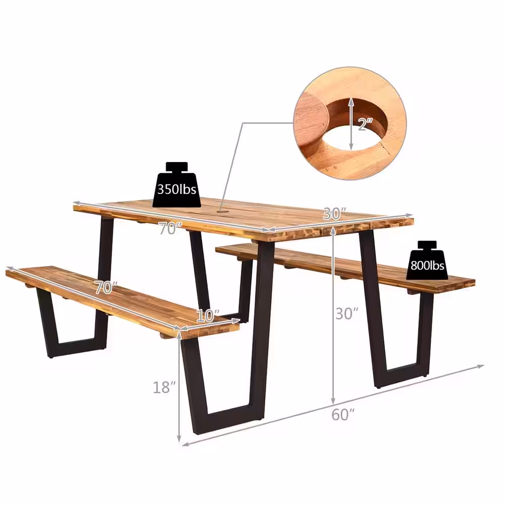 Costway Natural Rectangle Wood Picnic Table Dining Table Set with 2 Bench Seats and Umbrella Hole Patented