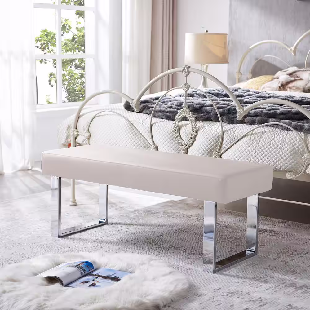 None Modern White Dining Bench Backless with Metal Legs 55.1 in. (White)