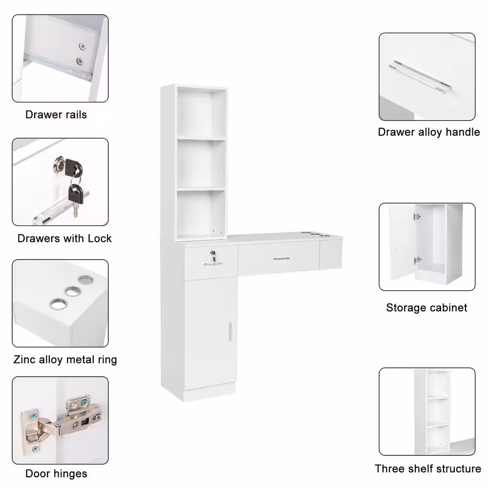 Winado Wall Mount Hair Styling Barber Salon Station, Beauty Salon Spa Furniture Set, 2 Drawers+1Cabinet+3 Shelves (White)
