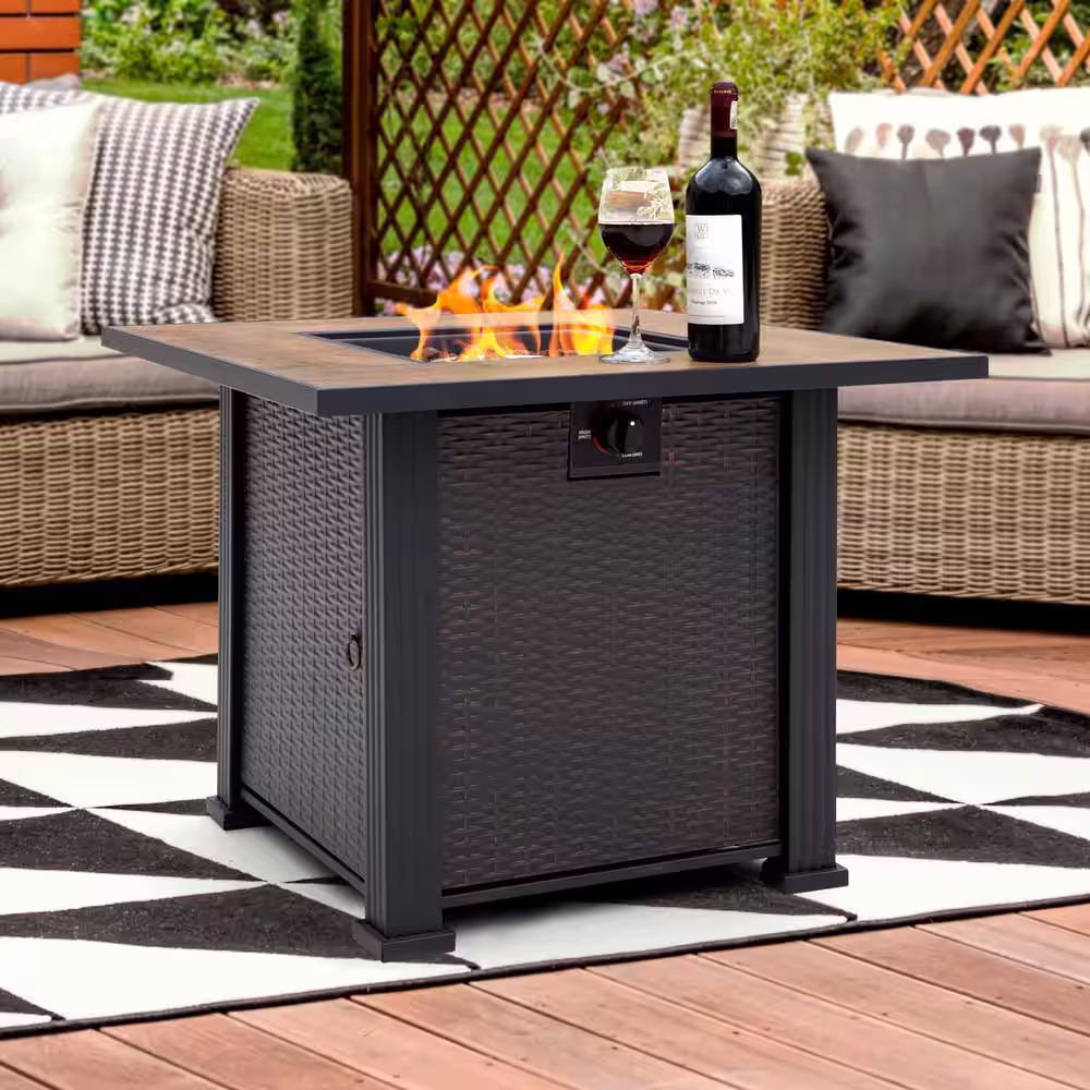 Nuu Garden 40,000 BTU 30 in. x 24 in. Square Wicker-like Iron Propane Gas Fire Pit Table with Cover, Ceramic Top and Lava Rocks