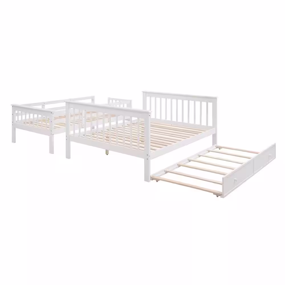 None White Twin Over Full Bunk Bed with Twin Trundle and Bookshelves, Solid Wood Kids Bunk Bed Frame with Staircases
