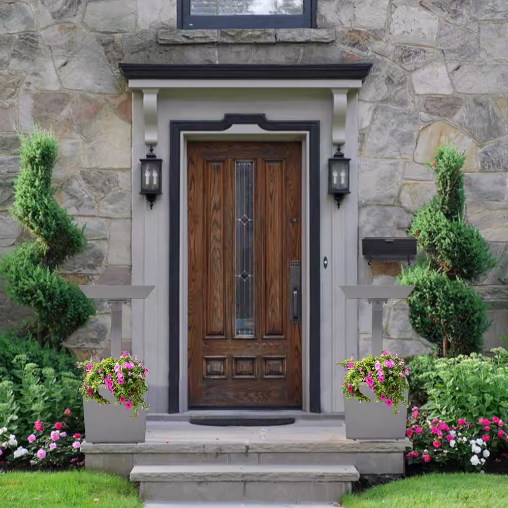 Oakland Living Modern 35 in. Grey Square Cast Aluminum Metal Bird Bath and Planter Vase Combo