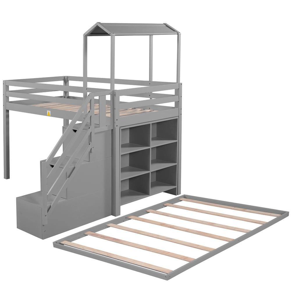 Harper & Bright Designs Gray Twin over Full House Roof Bunk Bed with Staircase and Shelves