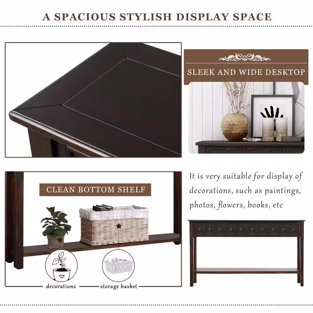 None Black 60 in. Rectangle Entryway Console Table with 4 Drawers Narrow Sideboard Sofa Table with Bottom Shelf